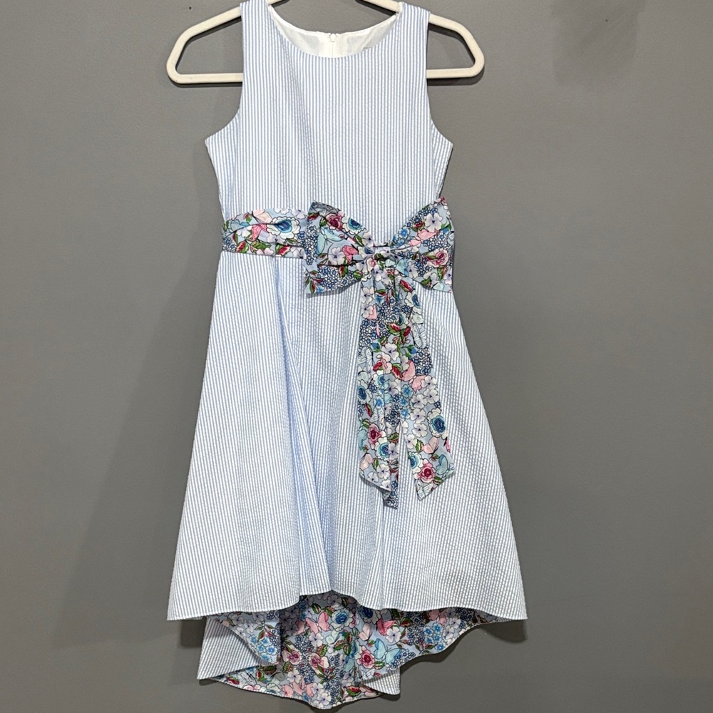 Rare editions Seersucker Floral Bow Kids Dress - Blue